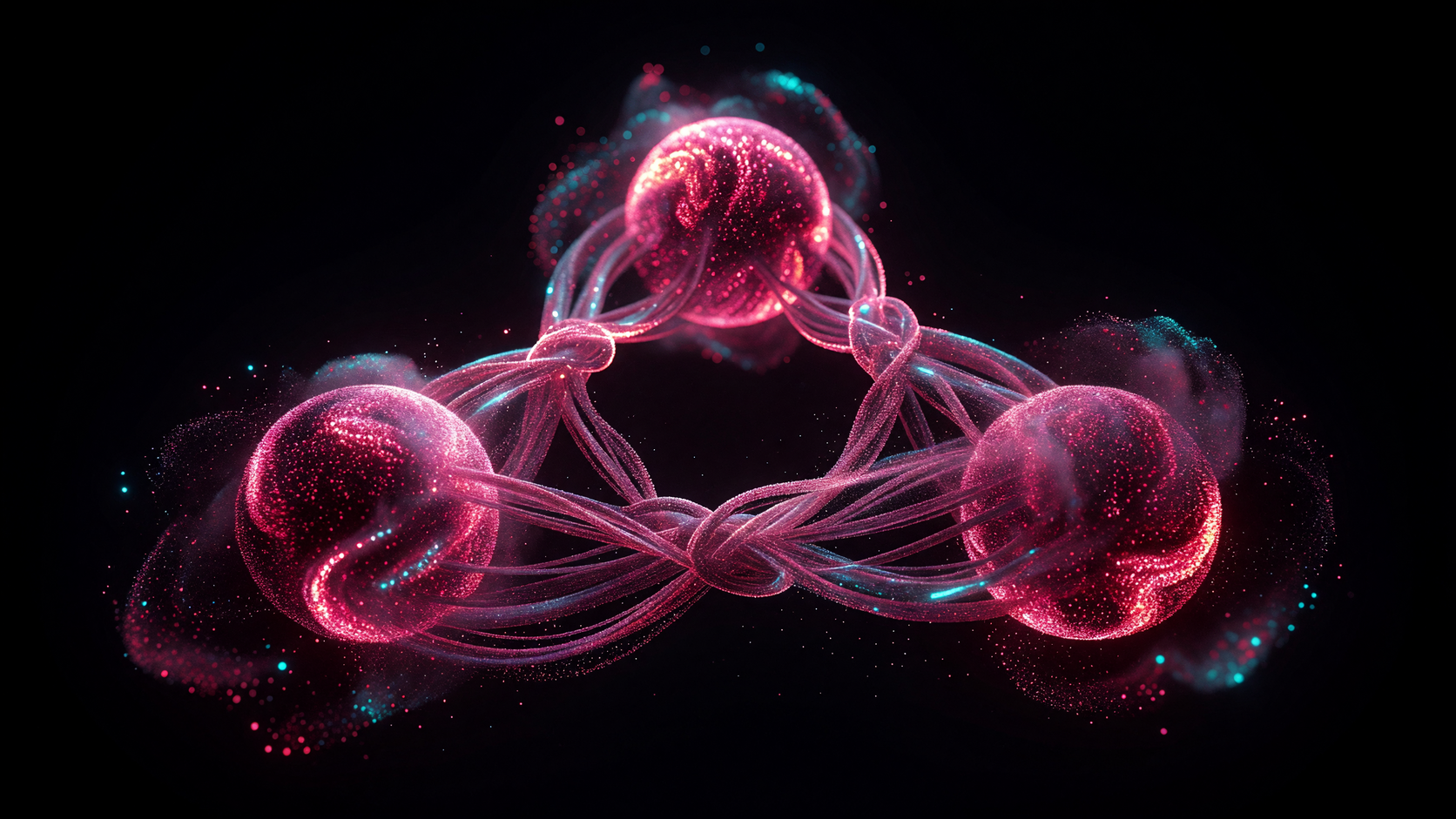 Three glowing particle orbs in a triangle, bound by braided filaments of light, like three roles arguing toward one answer.